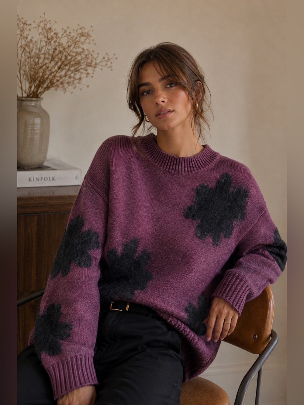 Simons Plum Crewneck Sweater with Black Floral Patches